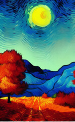 Obraz na płótnie Canvas Digital painting illustration of fall landscape in Van Gogh painting style, oil imitation, autumn scene
