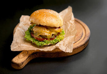 Homemade chicken burger with chicken and vegetables on a dark background