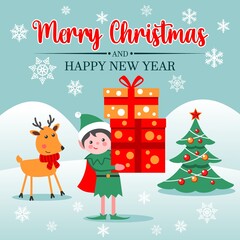 Christmas and New Year greeting card with elf and Rudolph the reindeer