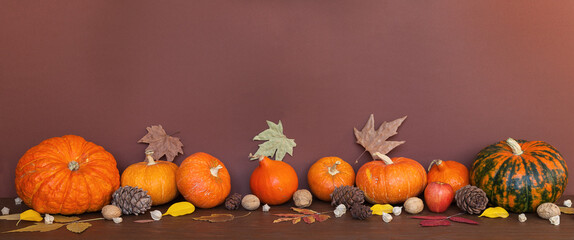 Happy Thanksgiving concept. Autumn still life with ripe orange pumpkins, fallen maple leaves, cedar cones and walnuts on a wooden table at brown background. Harvest time. Copy space, mock up, banner,