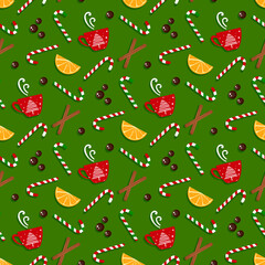 Christmas, happy new year pattern, traditional Christmas food holiday house background with cinnamon sticks, candy cane, chocolate or coffee cup, orange fruit