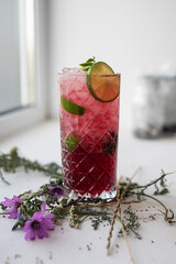 Red cocktail glass with currant juice, grafts, blueberries, blackberries, passion fruit and vodka, flavored with lavender and crushed ice. - 545401369