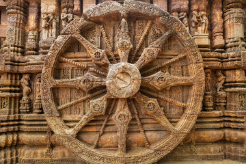 Giant stone chariot wheel of Konark Sun temple at Puri, Odisha, India