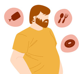 fat man is thinking about food hungry. spoon, fork, meat, donut icon. suitable for food themes, hobbies, hunger,