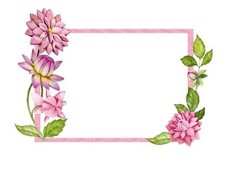 Watercolor decoration with dahlia flowers and leaves.