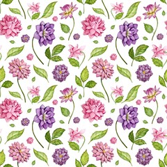 Fototapeta premium Watercolor seamless pattern with dahlia flowers and leaves.