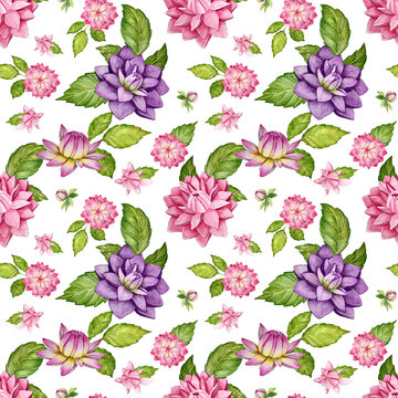 Watercolor seamless pattern with dahlia flowers and leaves.