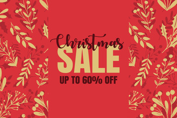 Beautiful winter season Christmas sale horizontal banner design with floral pattern background. Holly berry, mistletoe plant silhouette on red background. Festival vector advertisement, social media