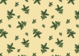 Seamless pattern of fir branches on a light background. Seamless texture for Christmas decor, fabric, wrapping paper.