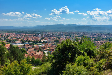 Fototapeta na wymiar Pirot, Serbia -August 27, 2022: Panorama of the town of Pirot in eastern Serbia
