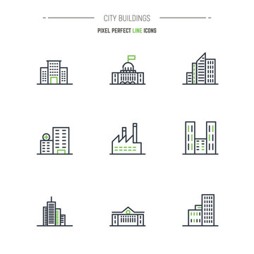City buildings thin line pixel perfect vector icon set. Outline symbols and emblem of buildings, hospitals, skyscrapers. Thin line windows in buildings. Green color and black lines.