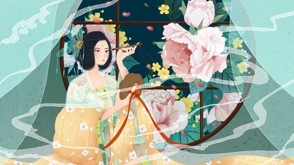 Chinese style ancient style woman traditional ethnic poster illustration background material