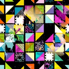 Fotobehang seamless pattern background, composition with squares, triangles, stripes, paint strokes and splashes © Kirsten Hinte