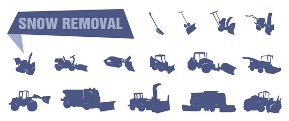 Snow plow icons. Flat vecor pictures. Snow removal services.