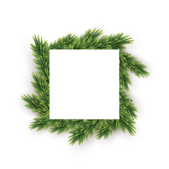 Green Christmas wreath background. Holly fir tree natural square decoration. Realistic merry xmas, New Year traditional ornament. Square shape paper with Christmas tree vector illustration