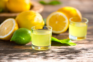 Limoncello, Italian liqueur with lemons. Traditional Mediterranean sweet shot alcoholic drink close...