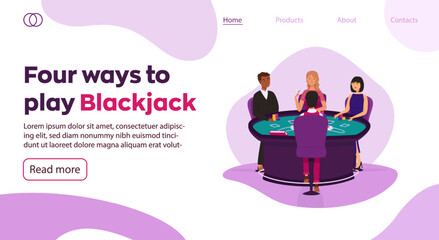 People play blackjack game web banner. Casino, gaming house flat vector illustration. Happy people characters. Casino interior decor. Gambling industry. For design casino web sites.