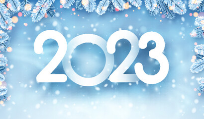 2023 sign with blue fir branches and bokeh.