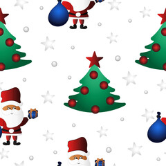 Christmas trees seamless pattern. Ornaments, stars and snow. Santa Claus with gift box. Prints, packaging template, wrapping paper, textiles and wallpaper.