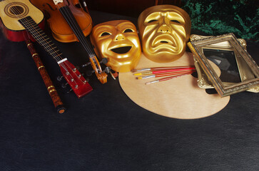 Art attributes. Music, painting, theater. Violin, pipe, guitar, art palette and brushes, theatrical...
