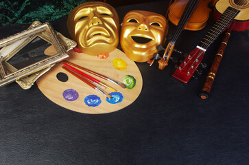 Art attributes. Music, painting, theater. Violin, pipe, guitar, art palette and brushes, theatrical...