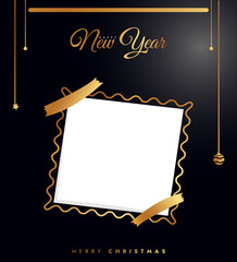 Christmas card with golden frame. Happy New year greeting paper design with blank white space for message or photo