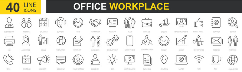Set of 40 Office and workplace web icons in line style. Business people, human resources, office management. Outline icons collection. Teamwork, workplace, coffee, work, business. Vector illustration