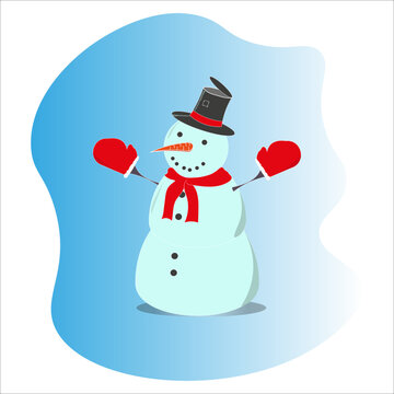 a cheerful snowman in a top hat and a red scarf on a blue background