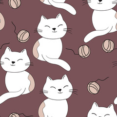 Seamless pattern with cute kitten print. Different scandy cats on color background. Scandinavian style illustration for kids. Vector illustration for fabric, textile, wallpaper, home clothing, pajama