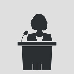 Woman speaker on tribune with microphone. Government Leader or Business, justice concept. Vector illustration