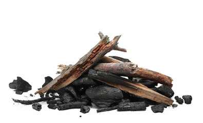 Camp fire, charcoal chunks pile isolated on white 