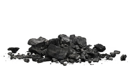 Charcoal chunks pile isolated on white background