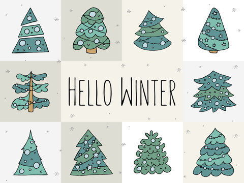 A hand-drawn christmas tree. Vector illustration in doodle style. Winter mood. Hello 2023. Merry Christmas and Happy New Year. Green trees with a blue toys on a gray background. - Powered by Adobe