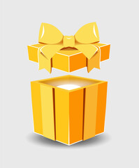 Open gift box with a surprise and a ribbon bow on a gray background.
Realistic vector icon for gift, birthday or wedding banners