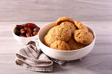 Sticky date cookies in bowl