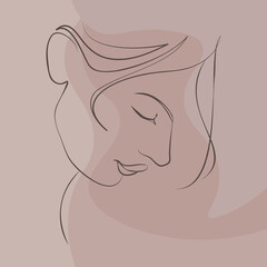 One continuous line hand drawn vector art with beautiful woman face in elegant curve. Skin color palette, abstract forms. Modern simplistic design for fashion, wall art, print, tattoo, cover, card.