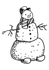 Doodle of funny snowman. Festive winter Christmas sketch. Hand drawn vector illustration. Single outline clip art isolated on white.