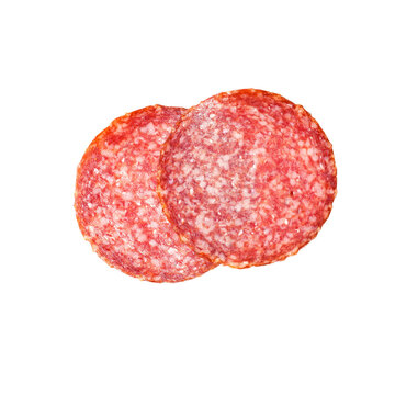 Sliced salami isolated on white background with transparent PNG. Sausage top view.