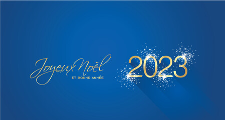 Merry Christmas beautiful calligraphy Happy New Year 2023 French language new shape shining firework gold white blue greeting card