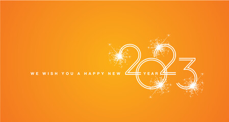 2023 We wish You a Happy New Year white double line design numbers with light sparkle firework orange yellow background greeting card