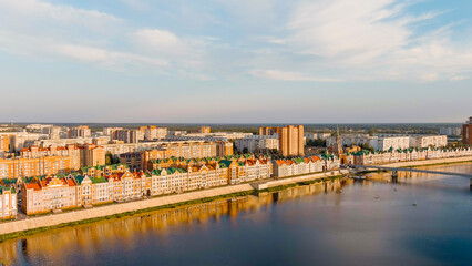 Yoshkar-Ola, Russia. City center during sunset. Embankment of the river Malaya Kokshaga, Aerial View