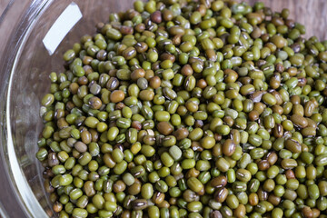 Close up view of a lot of mung beans in a bowl