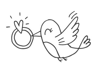 Set of cute hand-drawn doodle elements about love. Message stickers for apps. Icons for Valentines Day, romantic events and wedding. Bird in love with a diamond ring.