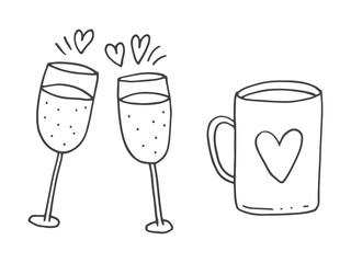 Set of cute hand-drawn doodle elements about love. Message stickers for apps. Icons for Valentines Day, romantic events and wedding. Cups with a love drink and hearts and champagne.
