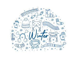 A set of hand-drawn winter clothing. Vector illustration in doodle style. Winter mood. Hello 2023. Merry Christmas and Happy New Year. Blue elements in the shape of a circle on a white background.