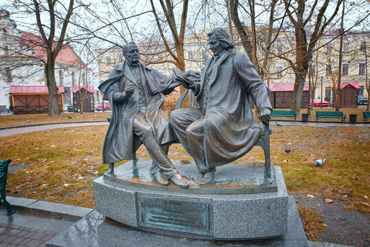 Minsk, Belarus. Nov 2022. Stanislav Monyushko and Vincent Dunin-Martsinkevich monument in Belarus. Lev Gumilevsky and Sergey Gumilevsky authors of the sculpture in Minsk..