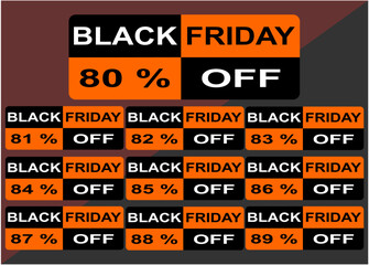 Naklejka premium Discount sticker Template black friday from 80% to 89% off. Vector template design, Sale, price tag illustration.