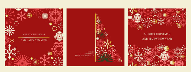 Merry Christmas and Happy New Year background.Red winter holiday with a lot of snowflake and firework vector. - obrazy, fototapety, plakaty