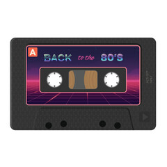 Retro style, realistic audio cassettes front view with label. Back to 80s synthwave label audio cassette. Magnetic cassette label 80s design. Vector illustration with opacity.
