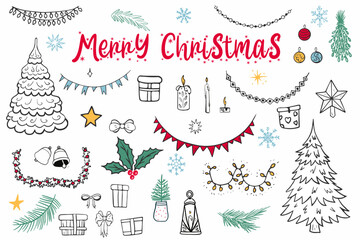 Christmas doodle set. Christmas trees, gifts, bows, garlands, branches and toys. Suitable as a designer or for a postcard.